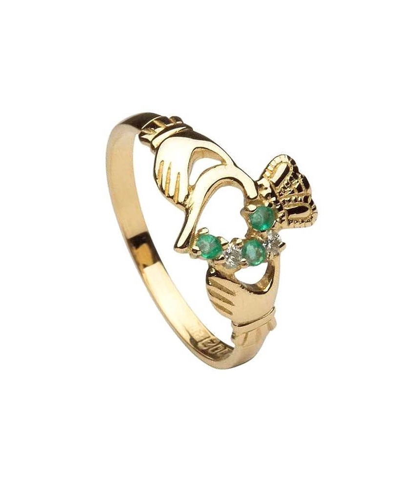 Émeraude et diamant Bague Claddagh - Or jaune