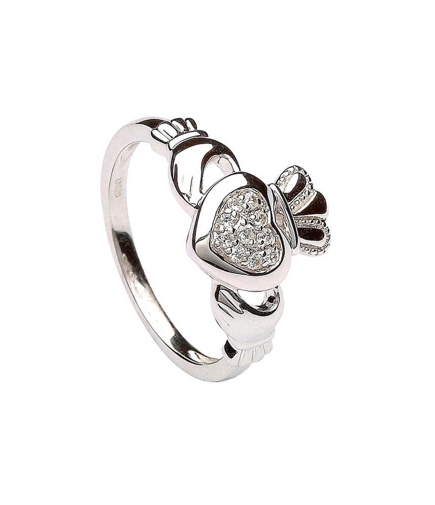 Womens Silver Claddagh Ring Pave Setting