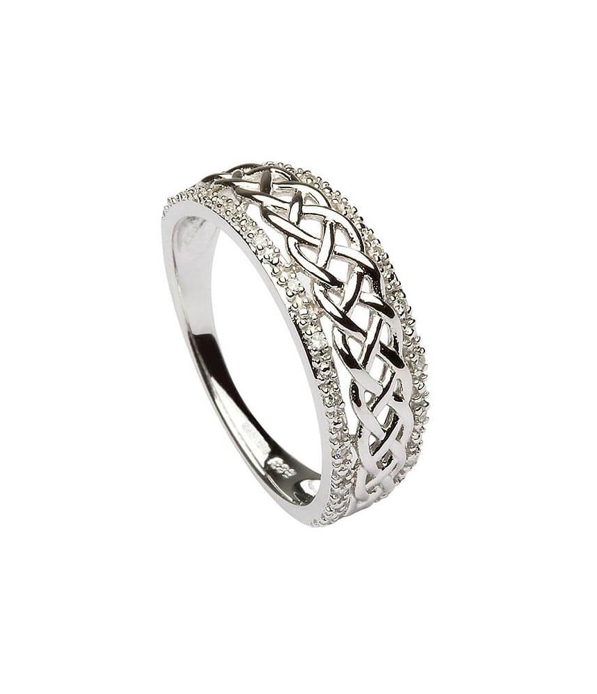 Womens Celtic Knot Ring with Diamond Rims - 14K White Gold