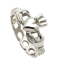 Mens Chain Link Claddagh Ring - White Gold