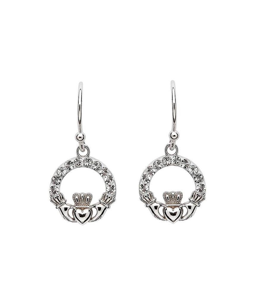 Claddagh Earrings with White Crystals