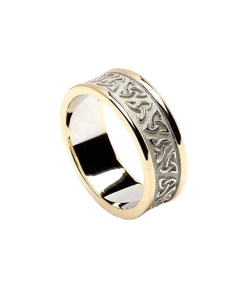 Women's Embossed Trinity Knot Ring with Trim - White with Yellow Gold Trim