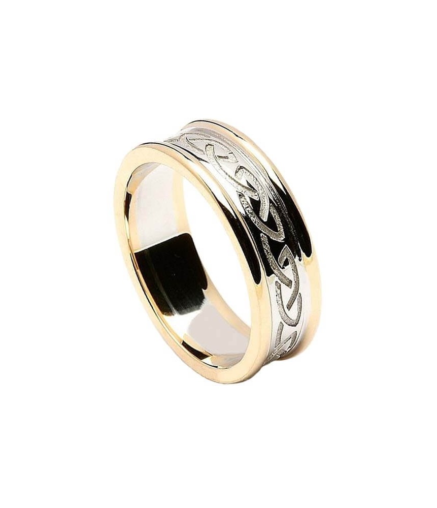 Women's Engraved Celtic Knot Ring with Trim - White with Yellow Trim