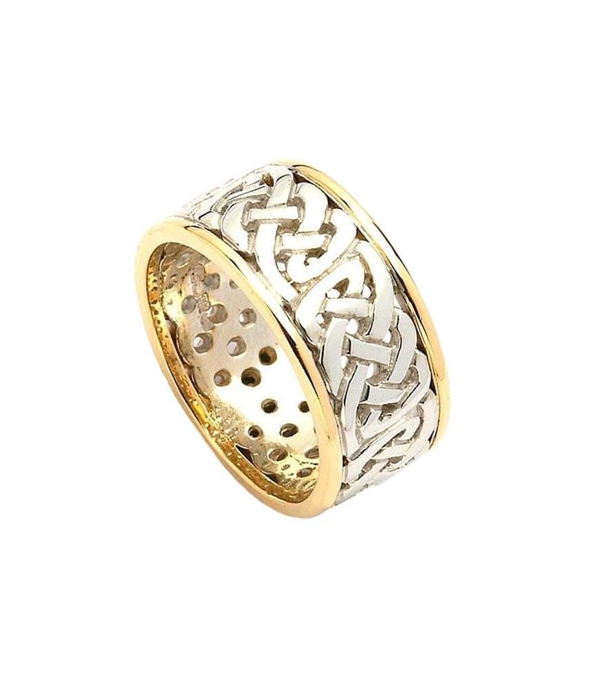 Wide Pierced Wedding Ring with Trim - White and Yellow Gold