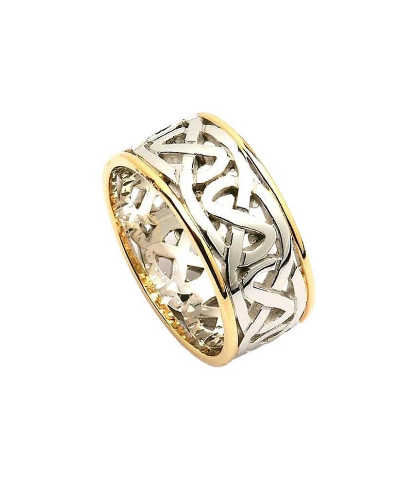 Wide Celtic Wedding Ring with Trim - White Gold with Yellow Trim