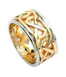 Bague de mariage large avec garniture celtique - Or jaune avec bordure blanche