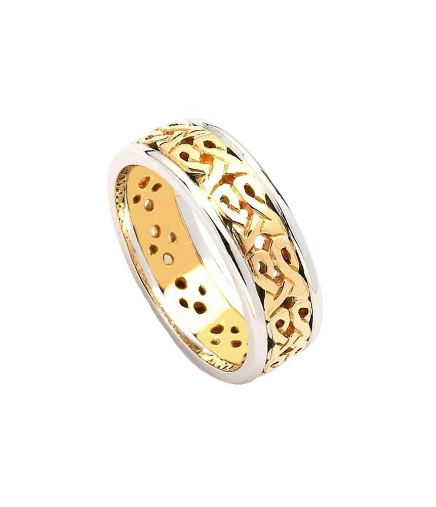 Bague de mariage celtique étroite avec bordure - Or jaune avec bordure blanche