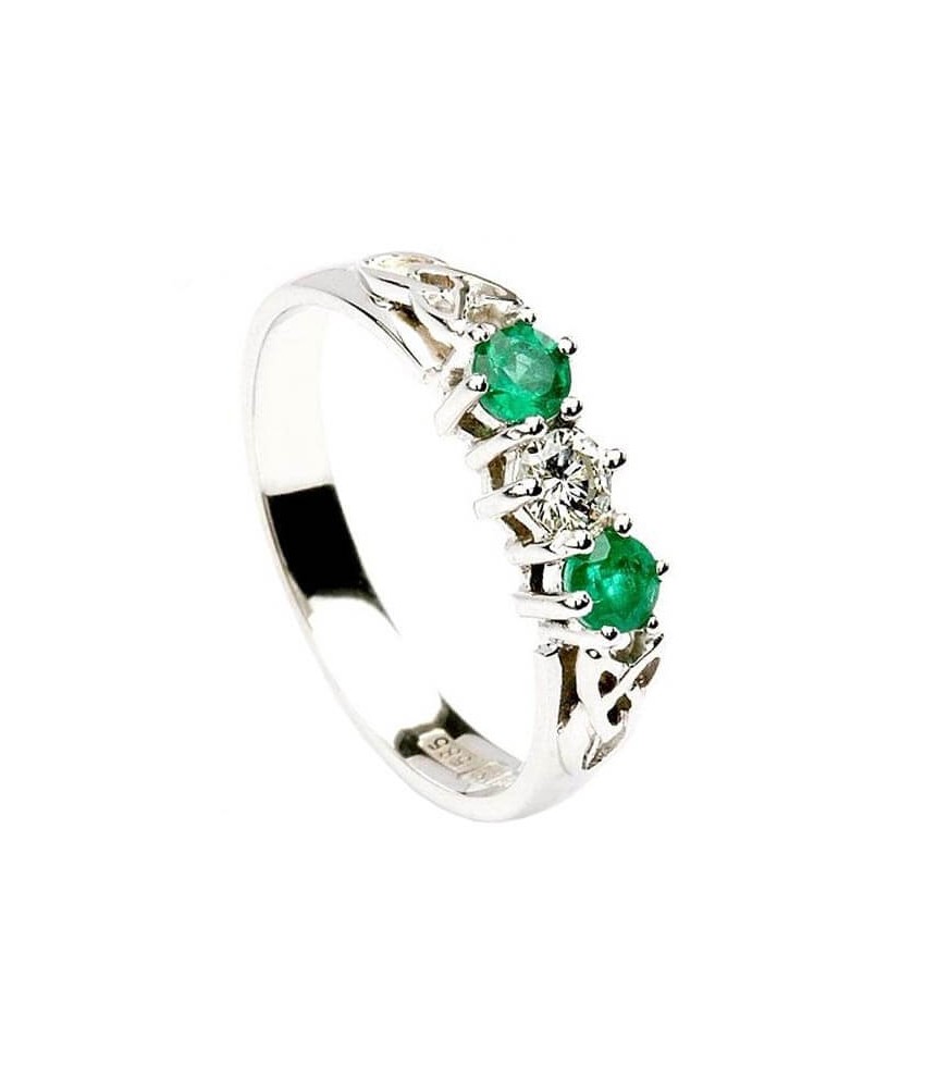 Emerald Three Stone Engagement Ring - White Gold