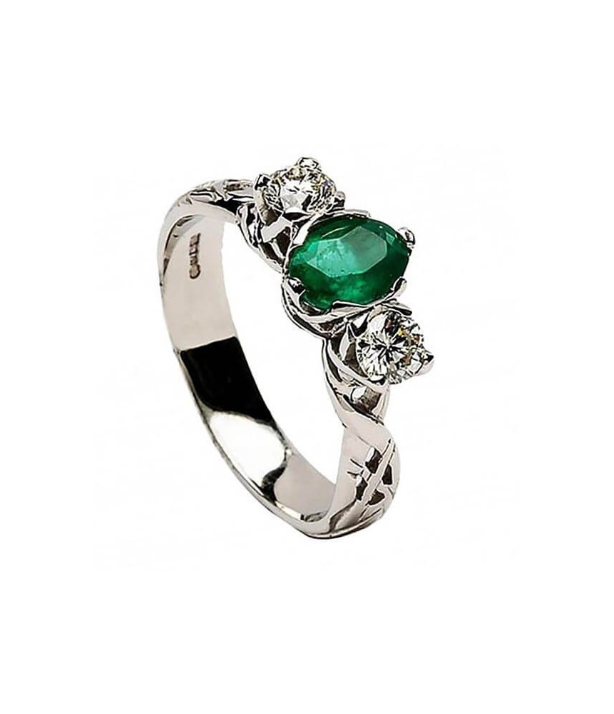 Emerald Celtic Engagement Ring - All White Gold