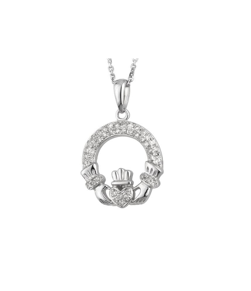 Pendentif Claddagh en or blanc avec diamants