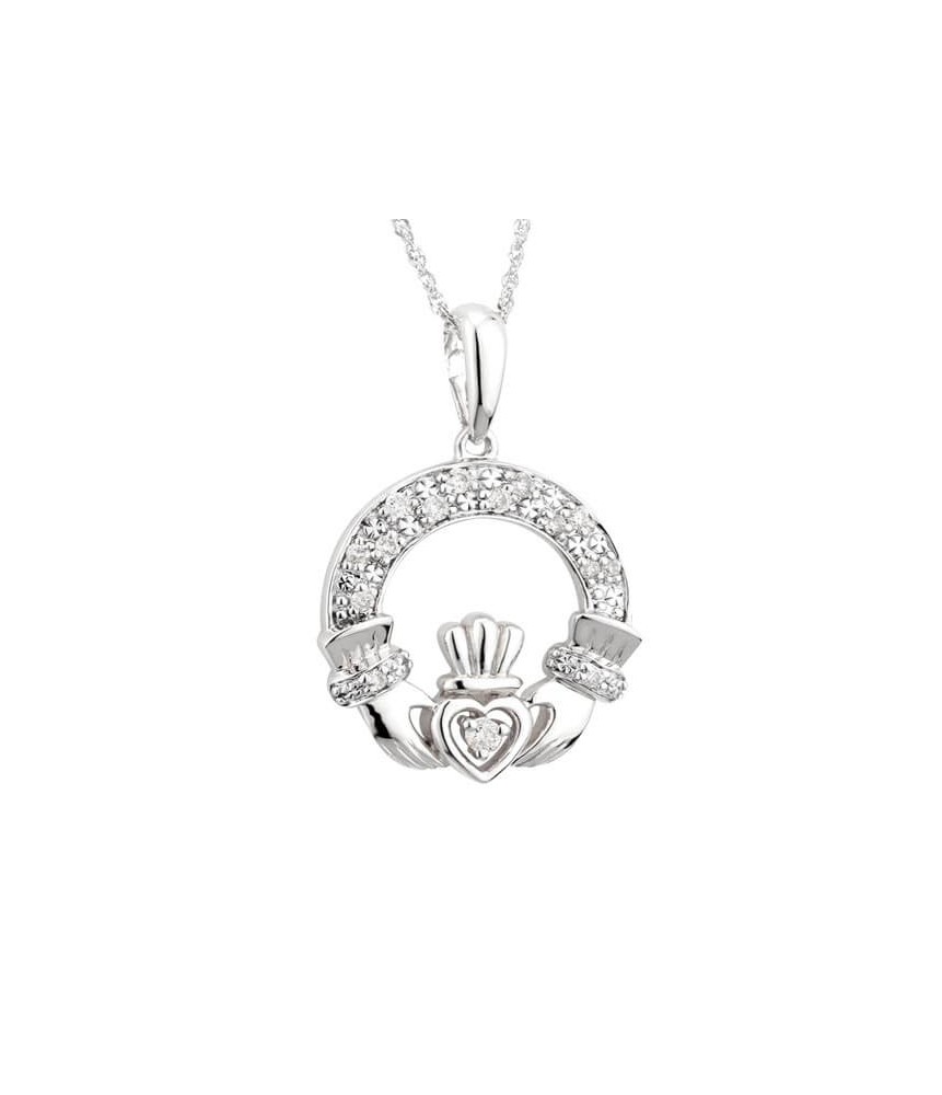 Klassischer Diamant Claddagh Weißgold Anhänger