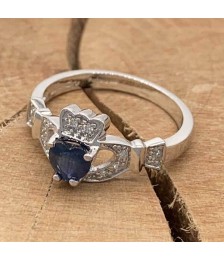 Sapphire & Diamond Claddagh Ring - White Gold