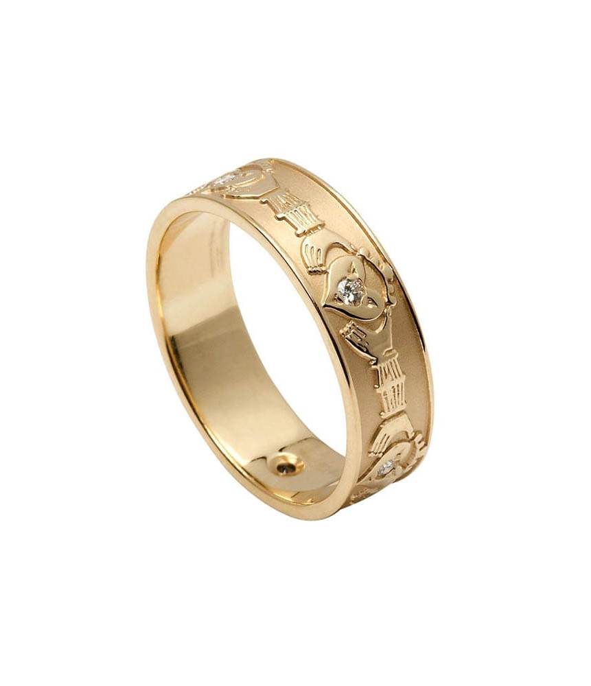 Women's Diamond Set Claddagh Wedding Band - Yellow Gold