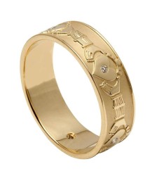 Men's Diamond Set Claddagh Wedding Band - Yellow Gold