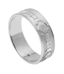 Men's Diamond Set Claddagh Wedding Band - White Gold