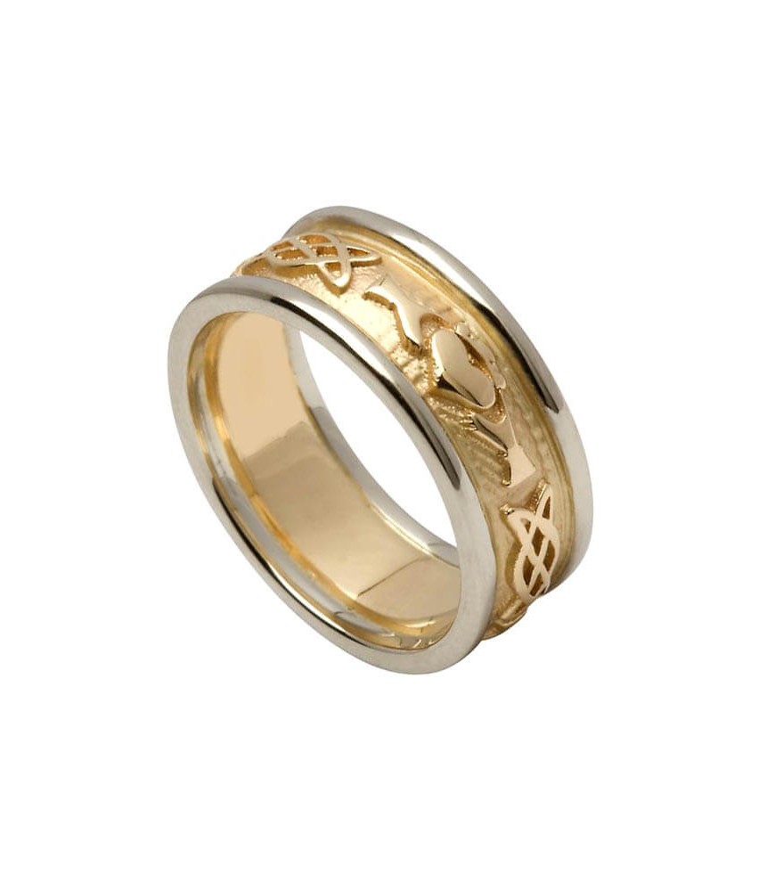 Damen Geprägter Claddagh Ehering mit Weißgold Trim