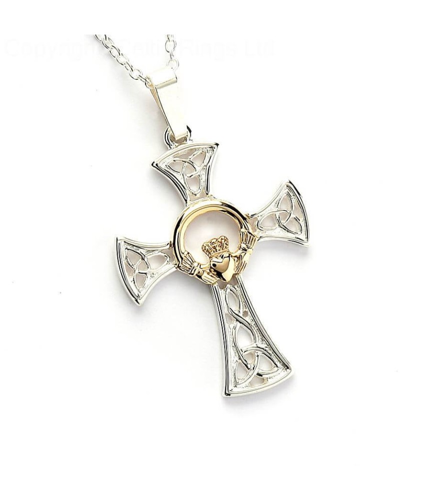 Silver & Gold Claddagh Cross - Silver & 14k Gold