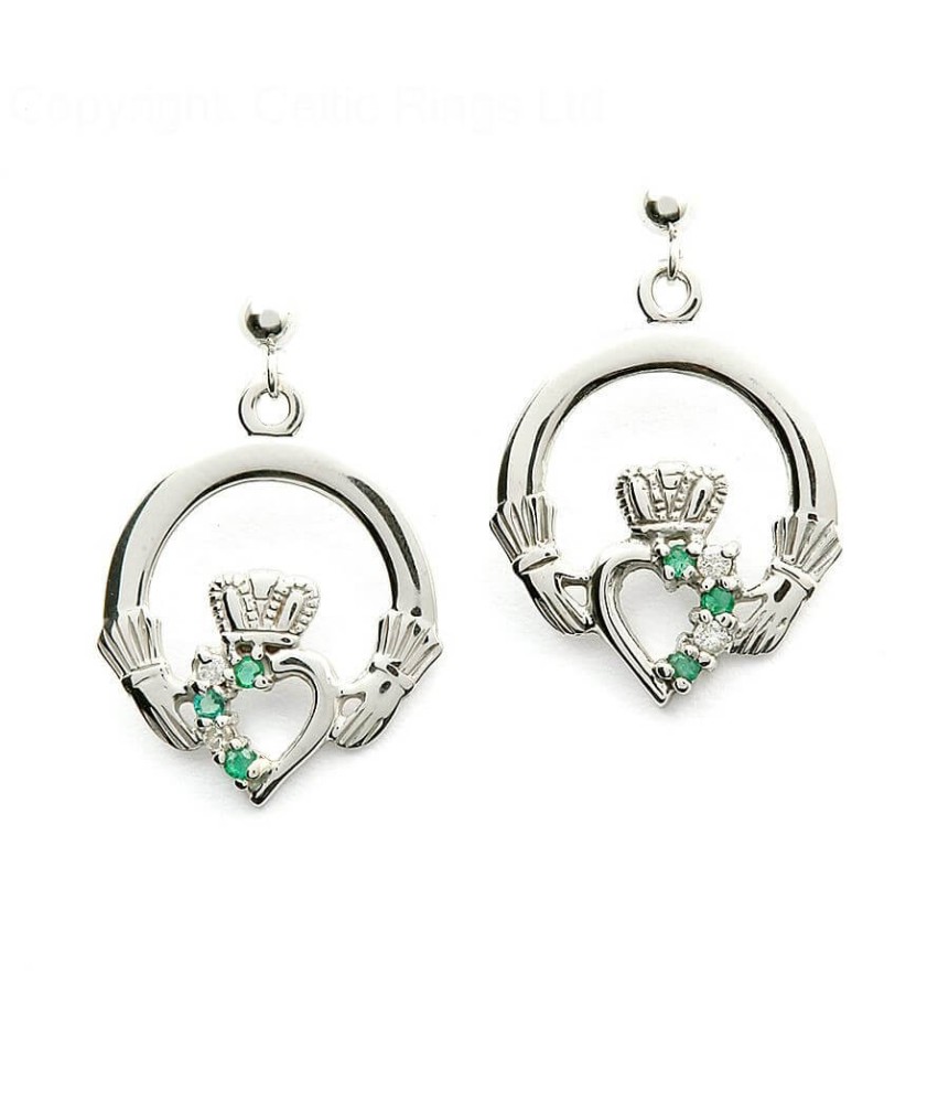 Emerald Claddagh Diamond Earrings